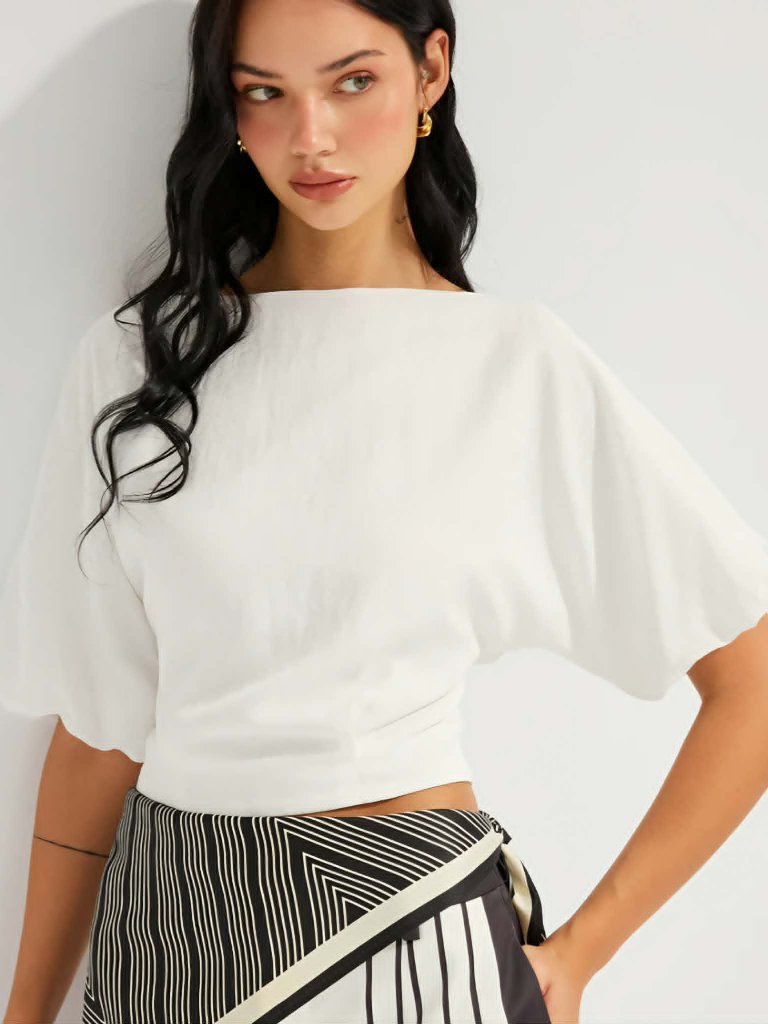 Linen-Blend Boat Neck Puff Sleeve Crop Top - S